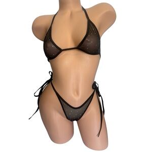 Sheer Rhinestone Mesh Bikini Set in Black